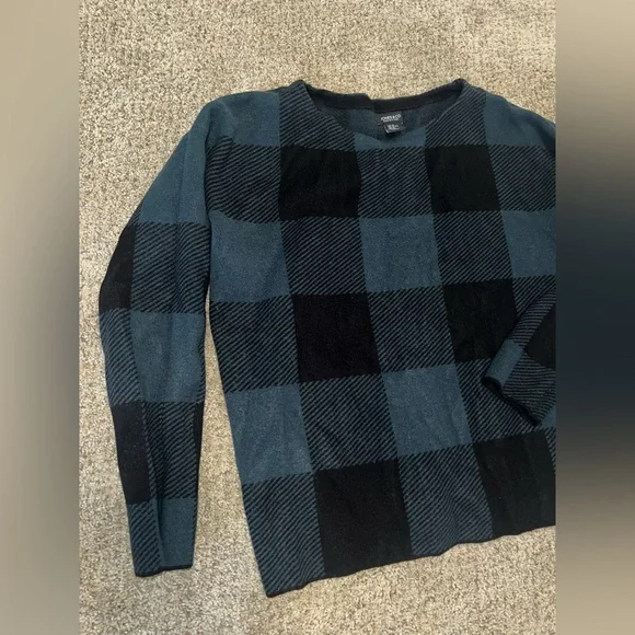 Jones New York Women's Black and Teal Blue Plaid Crewneck Sweater - Picture 3 of 6